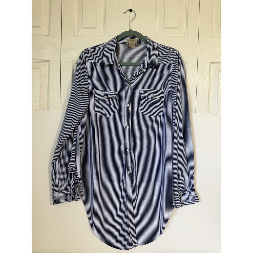 Passport Womens Blue White Stripe Long Sleeve Button Front Sheer Tunic Shirt M
